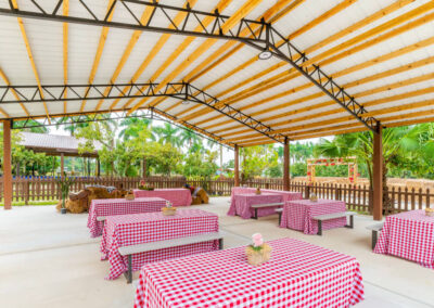 An outdoor dining area with red and white checkered tablecloths.